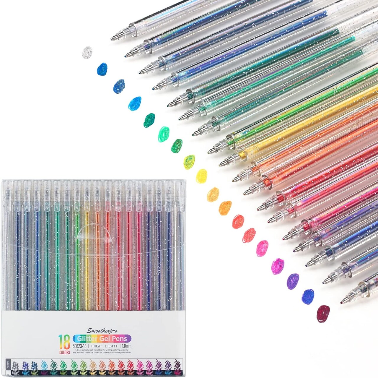 18-Piece Glitter Gel Pens, 1.0mm Metallic Sparkle for Coloring & Journaling